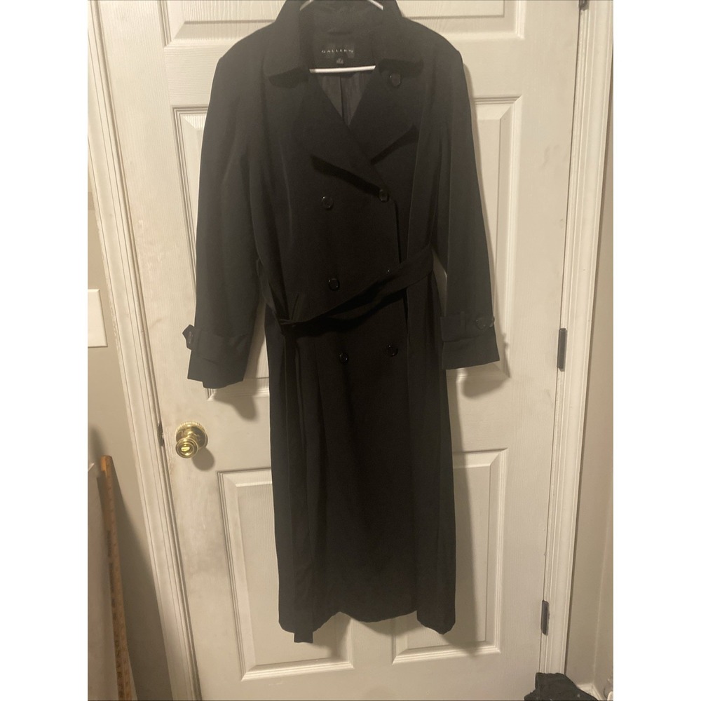 Vintage Gallery Black Belted Trench Coat Womens Long Rain Coat - Sz 10
